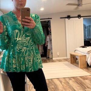 Lilly Pulitzer Green Metallic-Print V-Neck Tiered Tunic